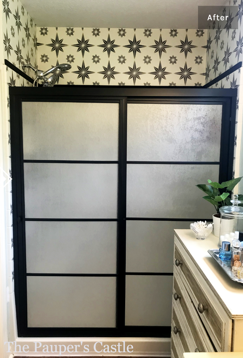 DIY updated glass shower doors painted black with modern grids added