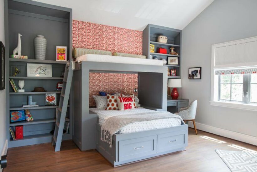boys grey built in bunk beds with double bed on bottom and red decor accents