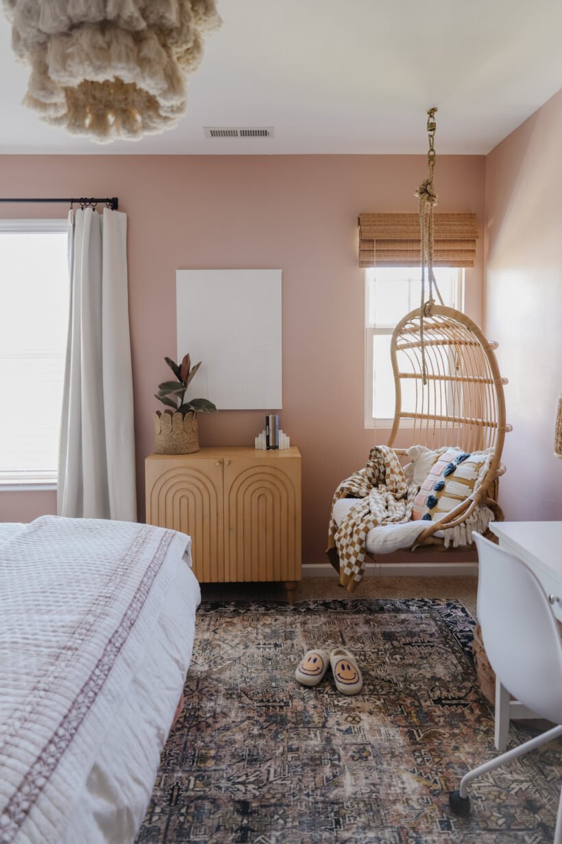 hanging chair in teen girl's bedroom