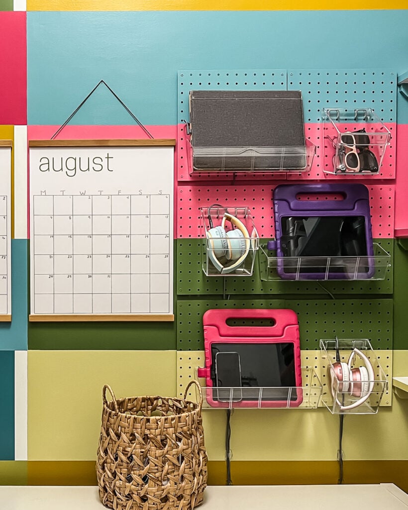 wall-mounted family charging station using pegboard