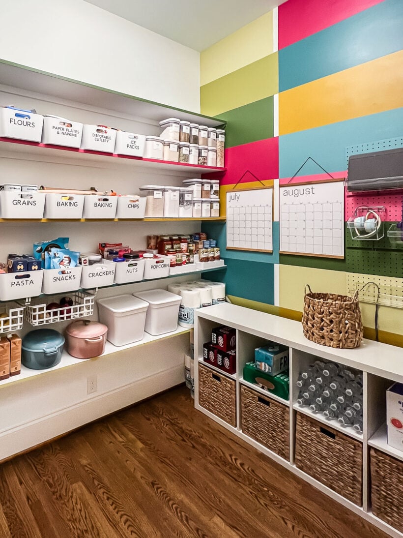 colorful walk-in pantry with wall mural