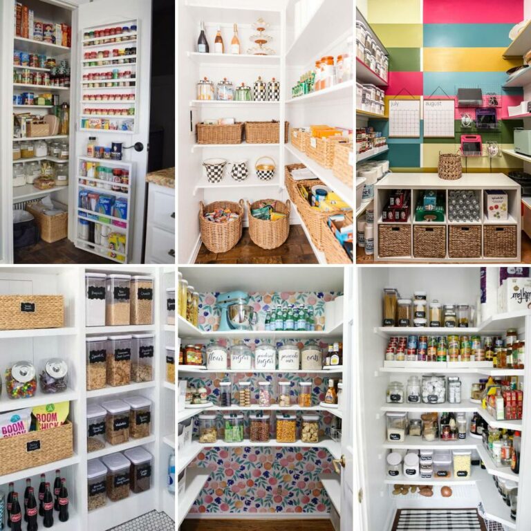 collage image of multiple pantries showcasing pantry organizing ideas