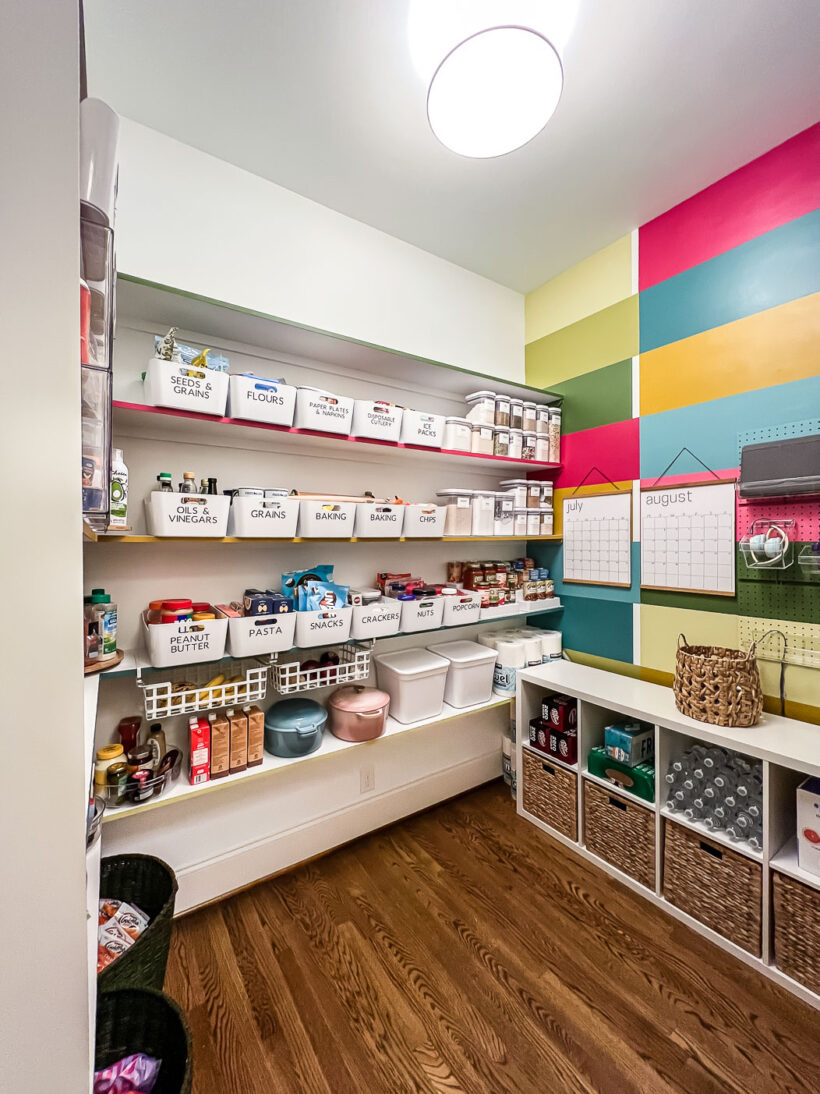 colorful walk-in pantry after makeover