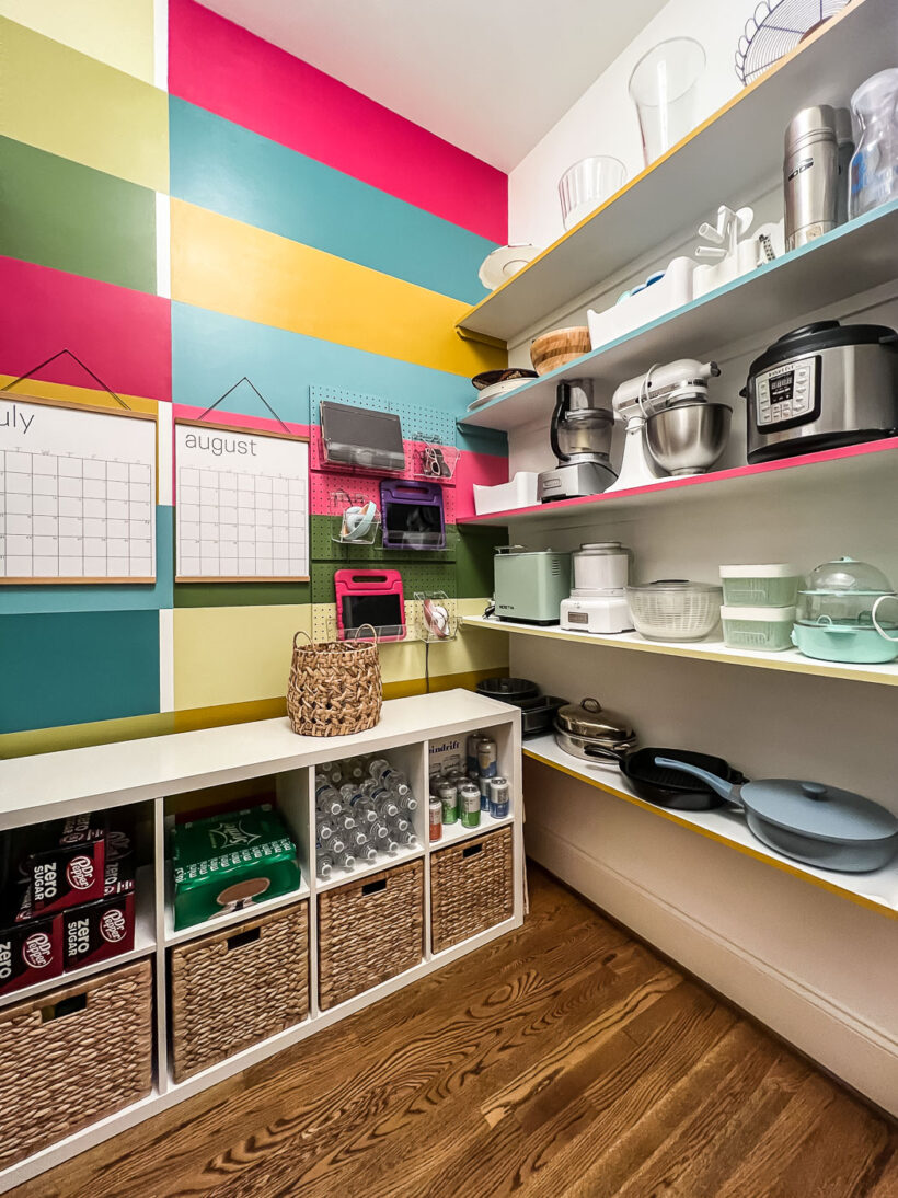 colorful walk-in pantry after makeover