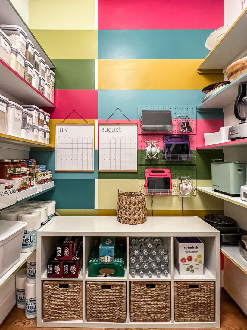 colorful walk-in pantry with wall mural