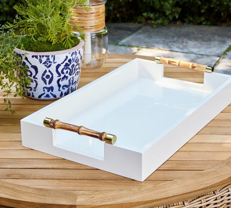 white lacquer serving tray with bamboo handles