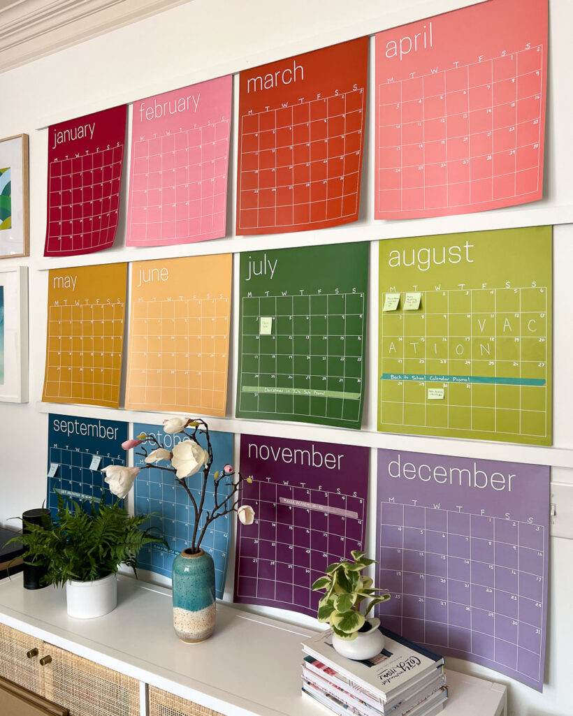 colorful wall calendar hanging with DIY magnetic poster hangers
