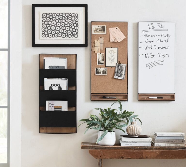 Trenton 3-piece organization set from Pottery Barn hanging on wall above console table