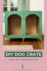 green and brass DIY wood dog crate that looks like furniture on display in bedroom