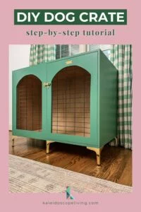 green and brass DIY wood dog crate that looks like furniture on display in bedroom