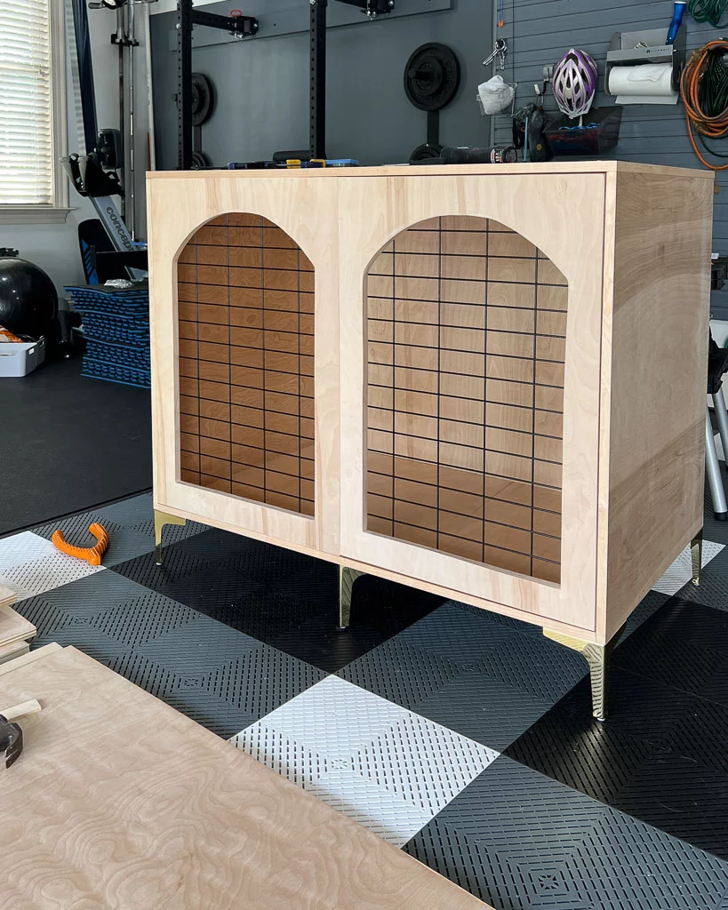assembled DIY dog crate that looks like furniture