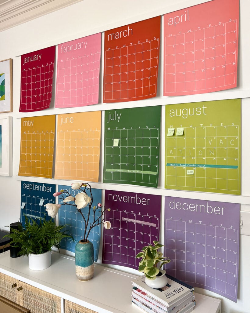 large monthly wall calendar in rainbow hues from Kaleidoscope Living