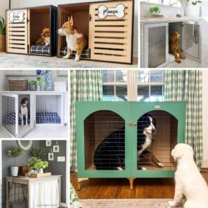 collage image of 5 DIY dog crate ideas