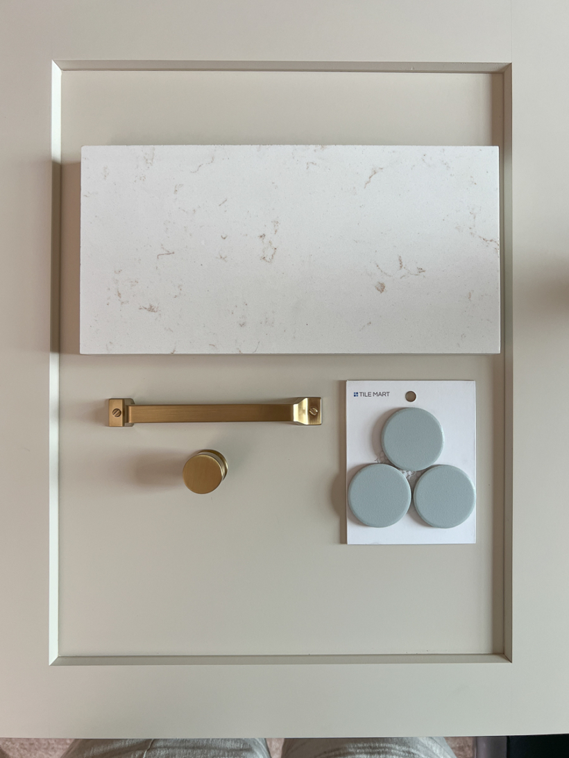 accessible beige shaker cabinet door with countertop and hardware selections