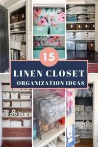 collage of photos of linen closet organization ideas